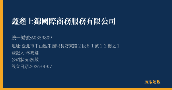 鑫鑫上錦國際商務服務有限公司的照片-統編 60359809(臺北市) 公司登記資料與營業項目詳細圖表