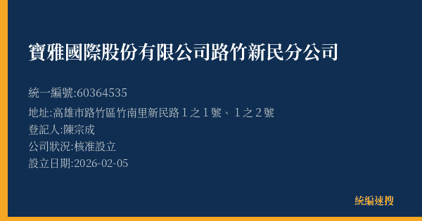 寶雅國際股份有限公司路竹新民分公司的照片-統編 60364535(高雄市) 公司登記資料與營業項目詳細圖表