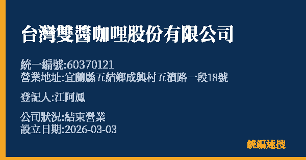台灣雙醬咖哩股份有限公司的照片-統編 60370121 公司登記資料與營業項目詳細圖表