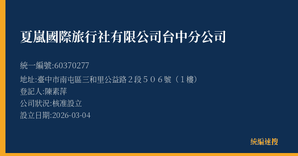 夏嵐國際旅行社有限公司台中分公司的照片-統編 60370277(臺中市) 公司登記資料與營業項目詳細圖表