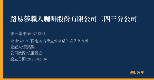 路易莎職人咖啡股份有限公司二四三分公司的照片-統編 60371331(臺中市) 公司登記資料與營業項目詳細圖表