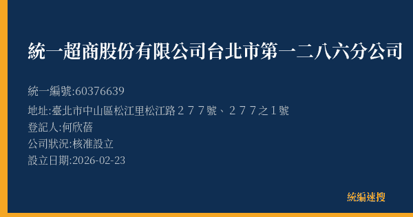 統一超商股份有限公司台北市第一二八六分公司的照片-統編 60376639(臺北市) 公司登記資料與營業項目詳細圖表