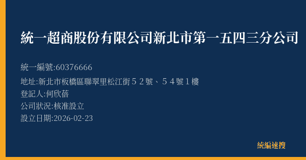 統一超商股份有限公司新北市第一五四三分公司的照片-統編 60376666(新北市) 公司登記資料與營業項目詳細圖表