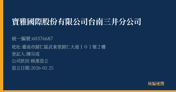 寶雅國際股份有限公司台南三井分公司的照片-統編 60376687(臺南市) 公司登記資料與營業項目詳細圖表