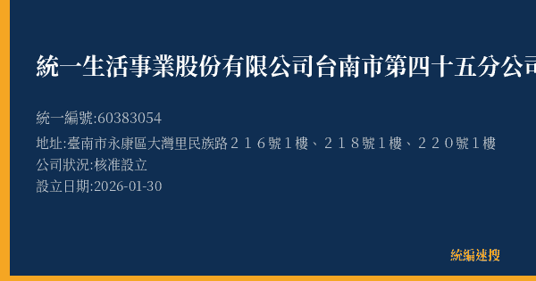 統一生活事業股份有限公司台南市第四十五分公司的照片-統編 60383054(臺南市) 公司登記資料與營業項目詳細圖表