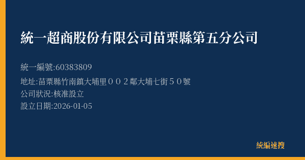 統一超商股份有限公司苗栗縣第五分公司的照片-統編 60383809(苗栗縣) 公司登記資料與營業項目詳細圖表