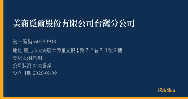 美商覓爾股份有限公司台灣分公司的照片-統編 60383913(臺北市) 公司登記資料與營業項目詳細圖表