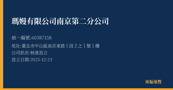 瑪嫚有限公司南京第二分公司的照片-統編 60387158(臺北市) 公司登記資料與營業項目詳細圖表
