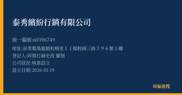泰秀繽紛行銷有限公司的照片-統編 60396749(苗栗縣) 公司登記資料與營業項目詳細圖表