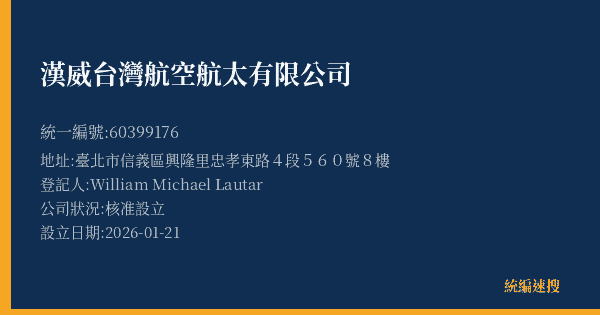 漢威台灣航空航太有限公司的照片-統編 60399176(臺北市) 公司登記資料與營業項目詳細圖表
