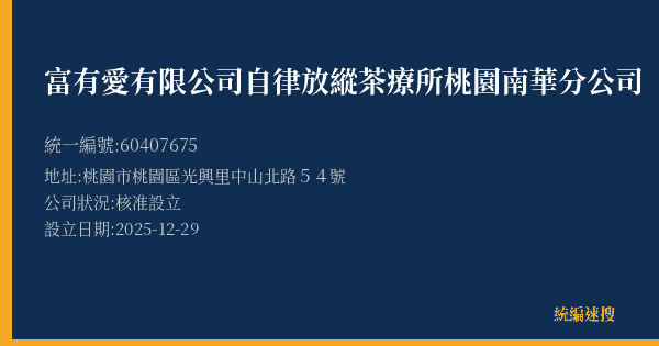 富有愛有限公司自律放縱茶療所桃園南華分公司的照片-統編 60407675(桃園市) 公司登記資料與營業項目詳細圖表
