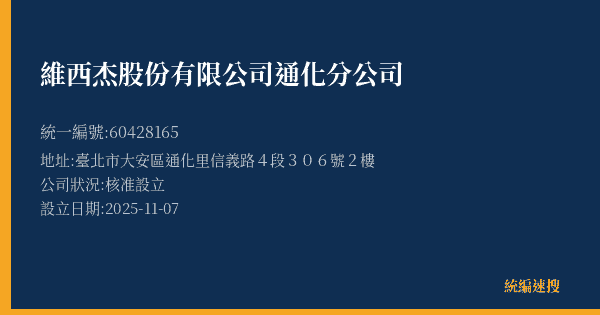 維西杰股份有限公司通化分公司的照片-統編 60428165(臺北市) 公司登記資料與營業項目詳細圖表