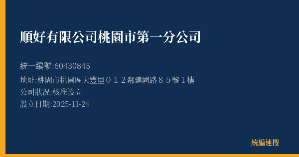 順好有限公司桃園市第一分公司的照片-統編 60430845(桃園市) 公司登記資料與營業項目詳細圖表
