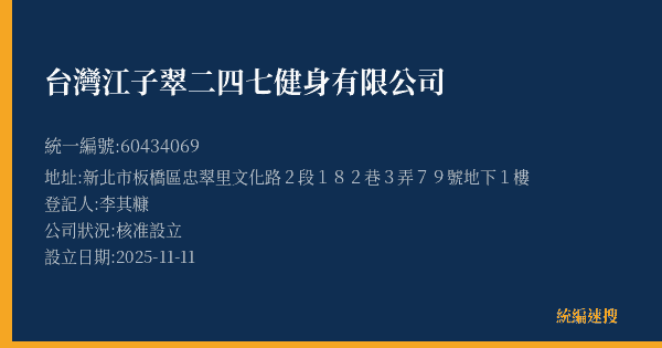 台灣江子翠二四七健身有限公司的照片-統編 60434069(新北市) 公司登記資料與營業項目詳細圖表
