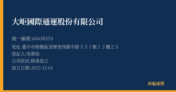 大岠國際通運股份有限公司的照片-統編 60438353(臺中市) 公司登記資料與營業項目詳細圖表