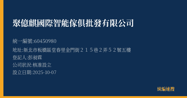 聚億麒國際智能傢俱批發有限公司的照片-統編 60450980(新北市) 公司登記資料與營業項目詳細圖表