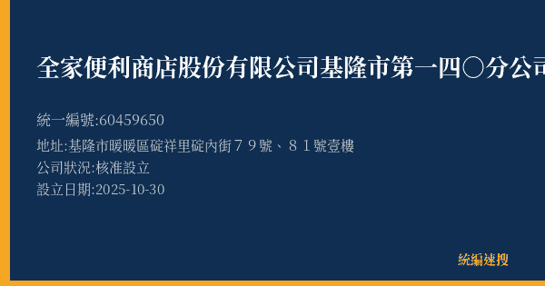 全家便利商店股份有限公司基隆市第一四○分公司的照片-統編 60459650(基隆市) 公司登記資料與營業項目詳細圖表