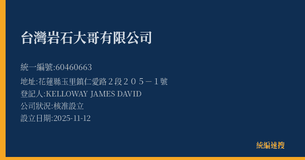台灣岩石大哥有限公司的照片-統編 60460663(花蓮縣) 公司登記資料與營業項目詳細圖表