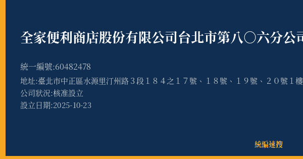 全家便利商店股份有限公司台北市第八○六分公司的照片-統編 60482478(臺北市) 公司登記資料與營業項目詳細圖表