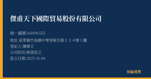 傑甫天下國際貿易股份有限公司的照片-統編 60496515(苗栗縣) 公司登記資料與營業項目詳細圖表