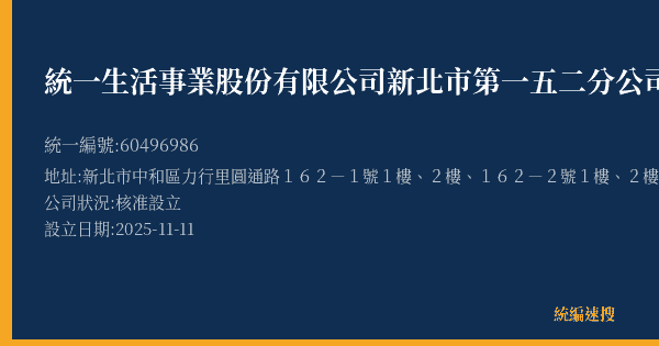 統一生活事業股份有限公司新北市第一五二分公司的照片-統編 60496986(新北市) 公司登記資料與營業項目詳細圖表