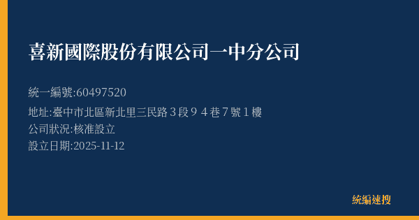 喜新國際股份有限公司一中分公司的照片-統編 60497520(臺中市) 公司登記資料與營業項目詳細圖表