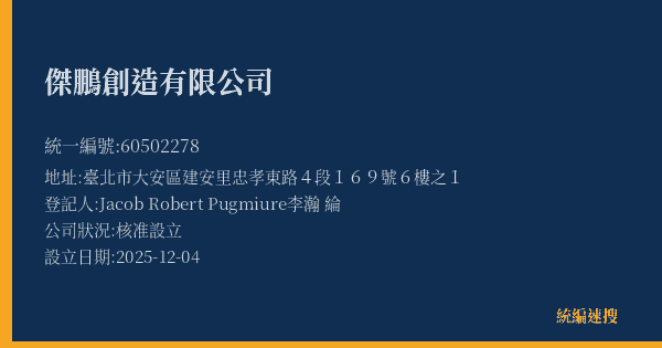 傑鵬創造有限公司的照片-統編 60502278(臺北市) 公司登記資料與營業項目詳細圖表