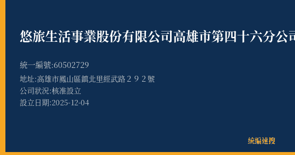 悠旅生活事業股份有限公司高雄市第四十六分公司的照片-統編 60502729(高雄市) 公司登記資料與營業項目詳細圖表