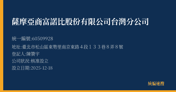 薩摩亞商富諾比股份有限公司台灣分公司的照片-統編 60509928(臺北市) 公司登記資料與營業項目詳細圖表
