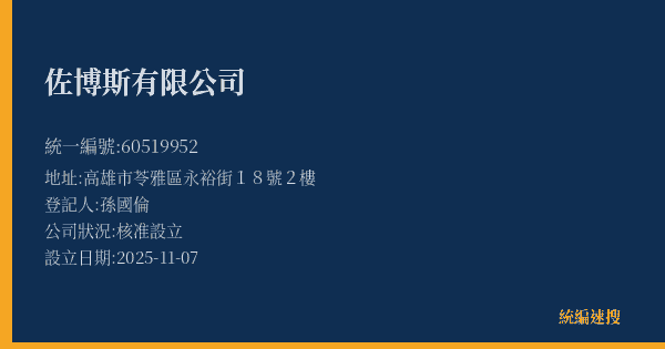 佐博斯有限公司的照片-統編 60519952(高雄市) 公司登記資料與營業項目詳細圖表