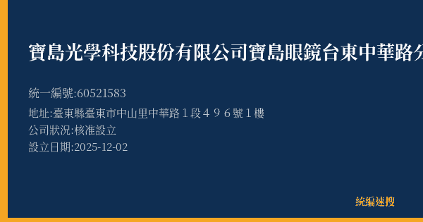 寶島光學科技股份有限公司寶島眼鏡台東中華路分公司的照片-統編 60521583(臺東縣) 公司登記資料與營業項目詳細圖表