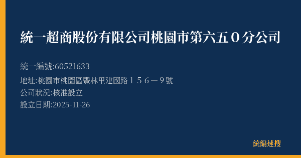 統一超商股份有限公司桃園市第六五0分公司的照片-統編 60521633(桃園市) 公司登記資料與營業項目詳細圖表