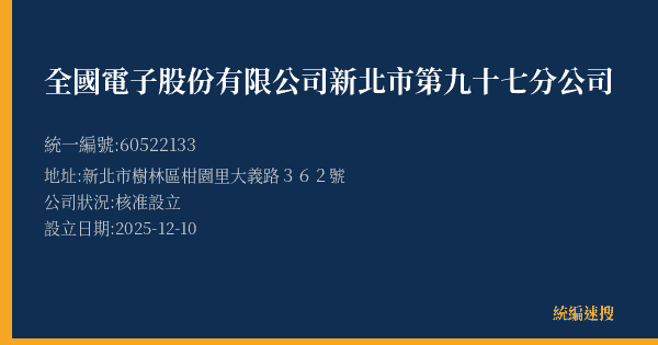 全國電子股份有限公司新北市第九十七分公司的照片-統編 60522133(新北市) 公司登記資料與營業項目詳細圖表