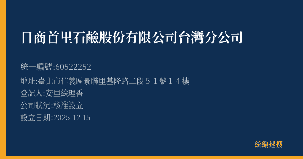 日商首里石鹼股份有限公司台灣分公司的照片-統編 60522252(臺北市) 公司登記資料與營業項目詳細圖表
