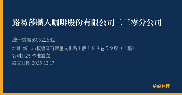 路易莎職人咖啡股份有限公司二三零分公司的照片-統編 60522582(新北市) 公司登記資料與營業項目詳細圖表