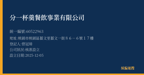 分一杯羹餐飲事業有限公司的照片-統編 60522963(桃園市) 公司登記資料與營業項目詳細圖表