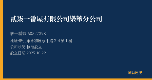 貳柒一番屋有限公司樂華分公司的照片-統編 60527398(新北市) 公司登記資料與營業項目詳細圖表