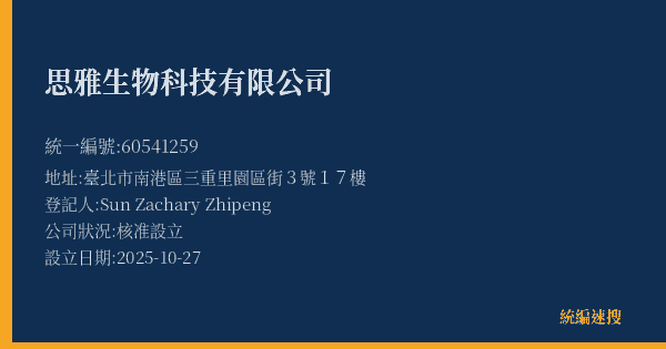 思雅生物科技有限公司的照片-統編 60541259(臺北市) 公司登記資料與營業項目詳細圖表