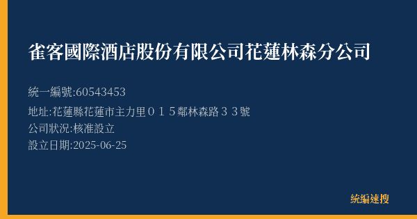 雀客國際酒店股份有限公司花蓮林森分公司的照片-統編 60543453(花蓮縣) 公司登記資料與營業項目詳細圖表