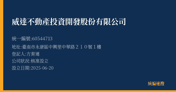 威達不動產投資開發股份有限公司的照片-統編 60544713(臺南市) 公司登記資料與營業項目詳細圖表
