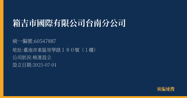 箱吉市國際有限公司台南分公司的照片-統編 60547887(臺南市) 公司登記資料與營業項目詳細圖表