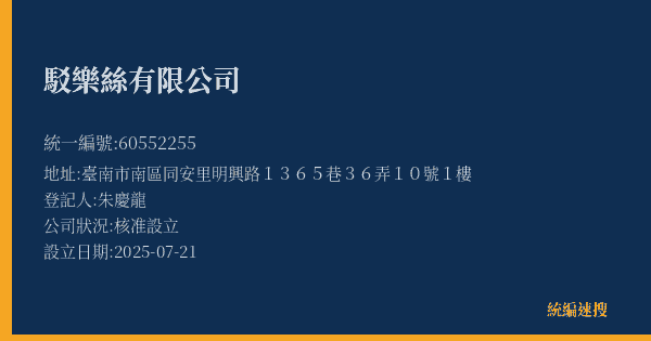 駁樂絲有限公司的照片-統編 60552255(臺南市) 公司登記資料與營業項目詳細圖表