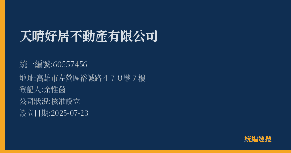 天晴好居不動產有限公司的照片-統編 60557456(高雄市) 公司登記資料與營業項目詳細圖表