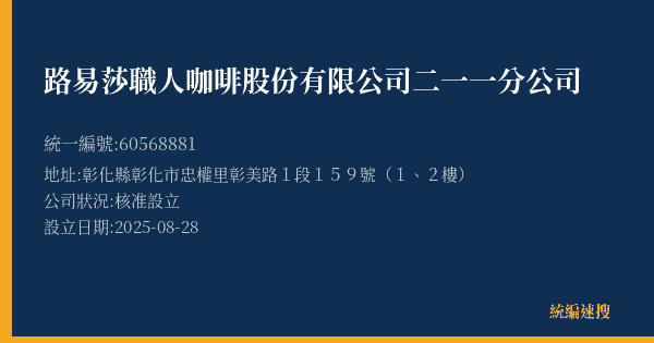 路易莎職人咖啡股份有限公司二一一分公司的照片-統編 60568881(彰化縣) 公司登記資料與營業項目詳細圖表