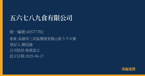 五六七八九食有限公司的照片-統編 60577782(高雄市) 公司登記資料與營業項目詳細圖表