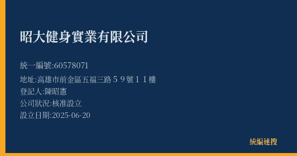 昭大健身實業有限公司的照片-統編 60578071(高雄市) 公司登記資料與營業項目詳細圖表