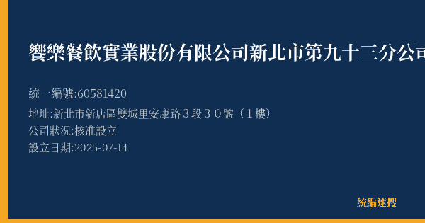 饗樂餐飲實業股份有限公司新北市第九十三分公司的照片-統編 60581420(新北市) 公司登記資料與營業項目詳細圖表