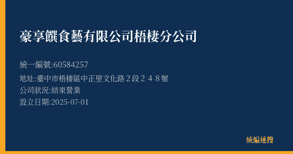 豪享饌食藝有限公司梧棲分公司的照片-統編 60584257(臺中市) 公司登記資料與營業項目詳細圖表