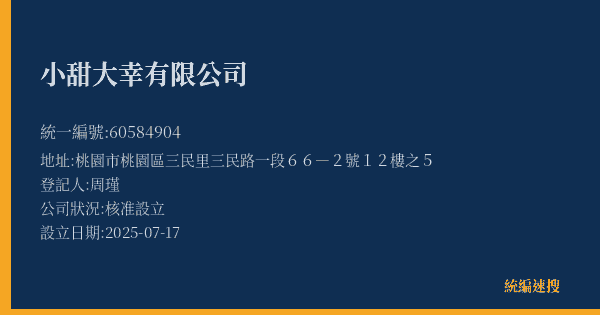 小甜大幸有限公司的照片-統編 60584904(桃園市) 公司登記資料與營業項目詳細圖表