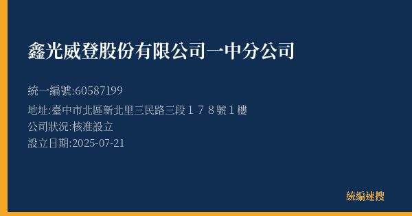 鑫光威登股份有限公司一中分公司的照片-統編 60587199(臺中市) 公司登記資料與營業項目詳細圖表